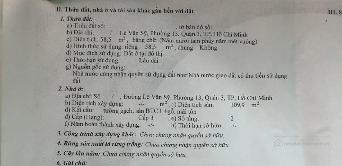 Ngang 6m - nhà cũ 58,5m2 - hẻm trước nhà 4m - gần ra mt Lê Văn Sỹ. 8 tỷ