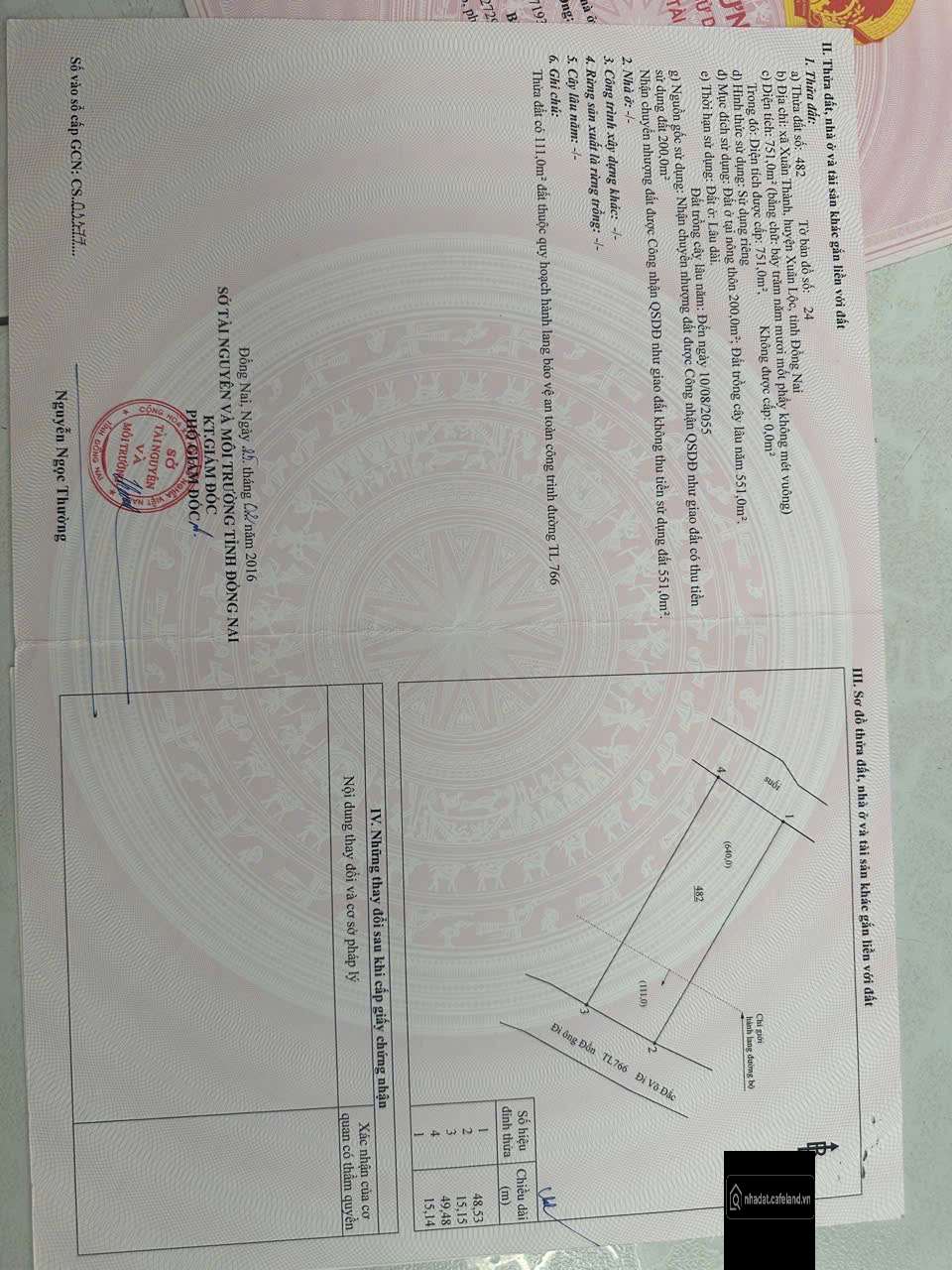 Mặt tiền DT 766 Xuân Lộc Xuân Thành Đồng Nai 15x220m Thổ cư 200m giá 6x